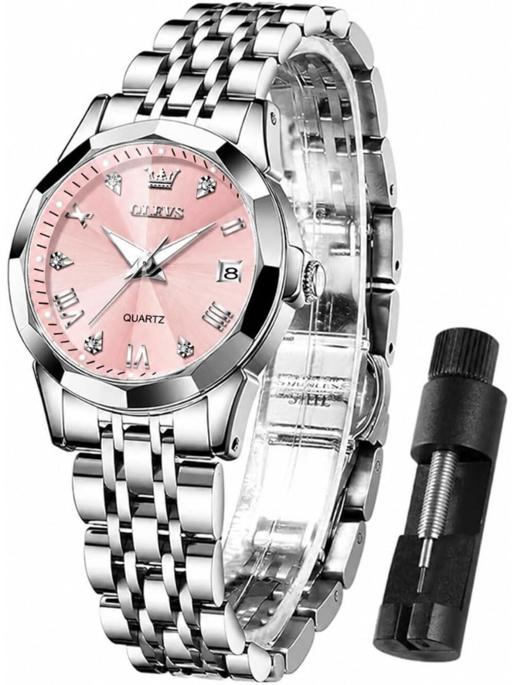 Women’s Silver Pink Luxury Stainless Steel Waterproof Quartz Analog Dress Watch